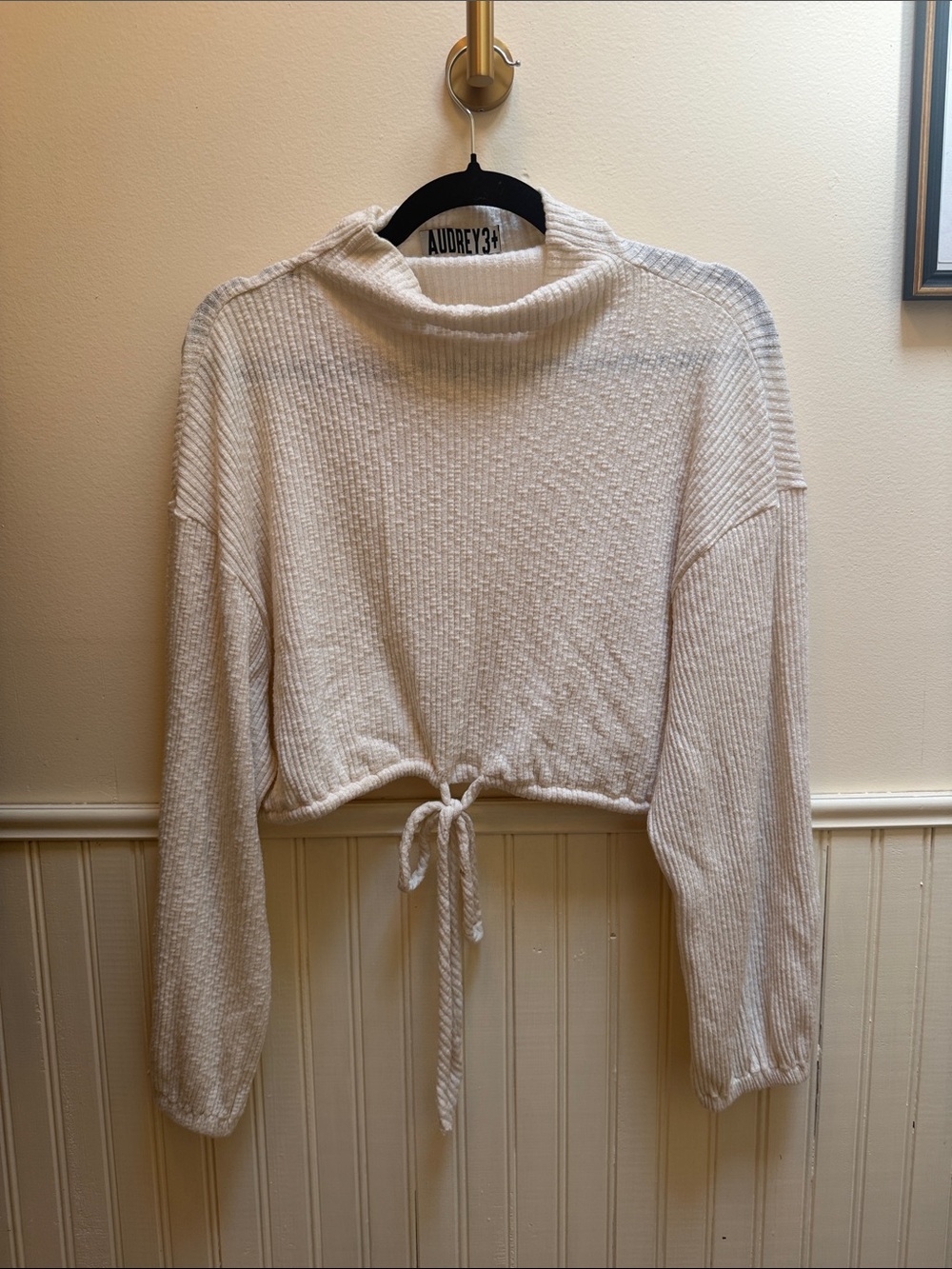 Audrey 3+1 Cream Tie-Front Cropped Turtleneck Sweater